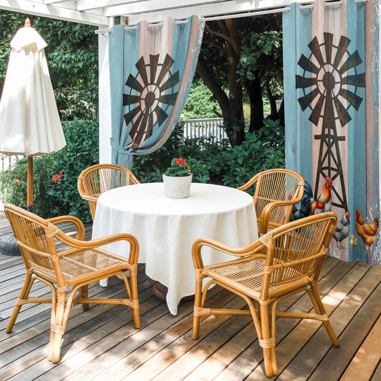 Rooster Hen Outdoor Curtains for Patio, Rustic Windmill Farmhouse Animal Wood Striped Country Sunshade Privacy Drapes Grommet Waterproof Outside Curtains for Porch/Cabana/Balcony 54"x 108", 1 Panel