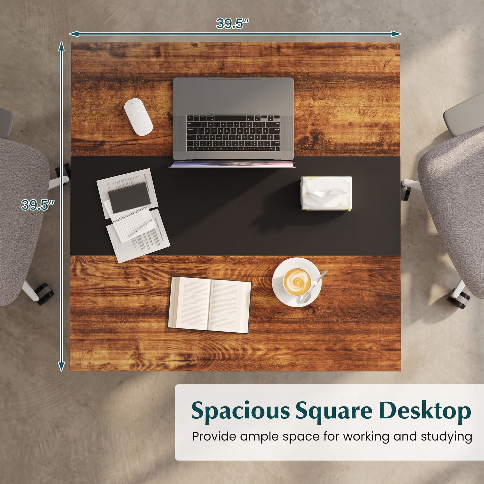 Furnibear 39.5 Inch Square Conference Table, Meeting Room Table with Thickened Tabletop and Reinforced H-Shaped Metal Frame, Seats 4 for Office Working, Rustic Brown
