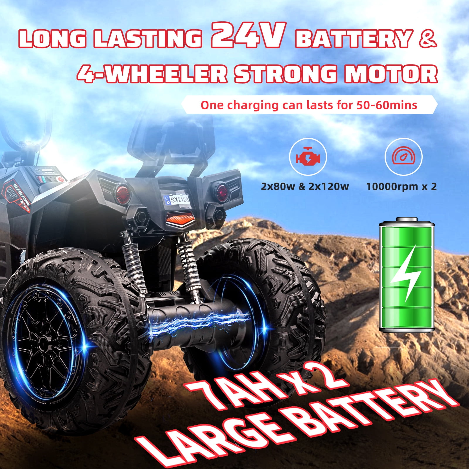 Accreate 24V Kids ATV, Two Seater Ride on Car 4WD Quad Electric Vehicle, 4x100W Powerful Engine