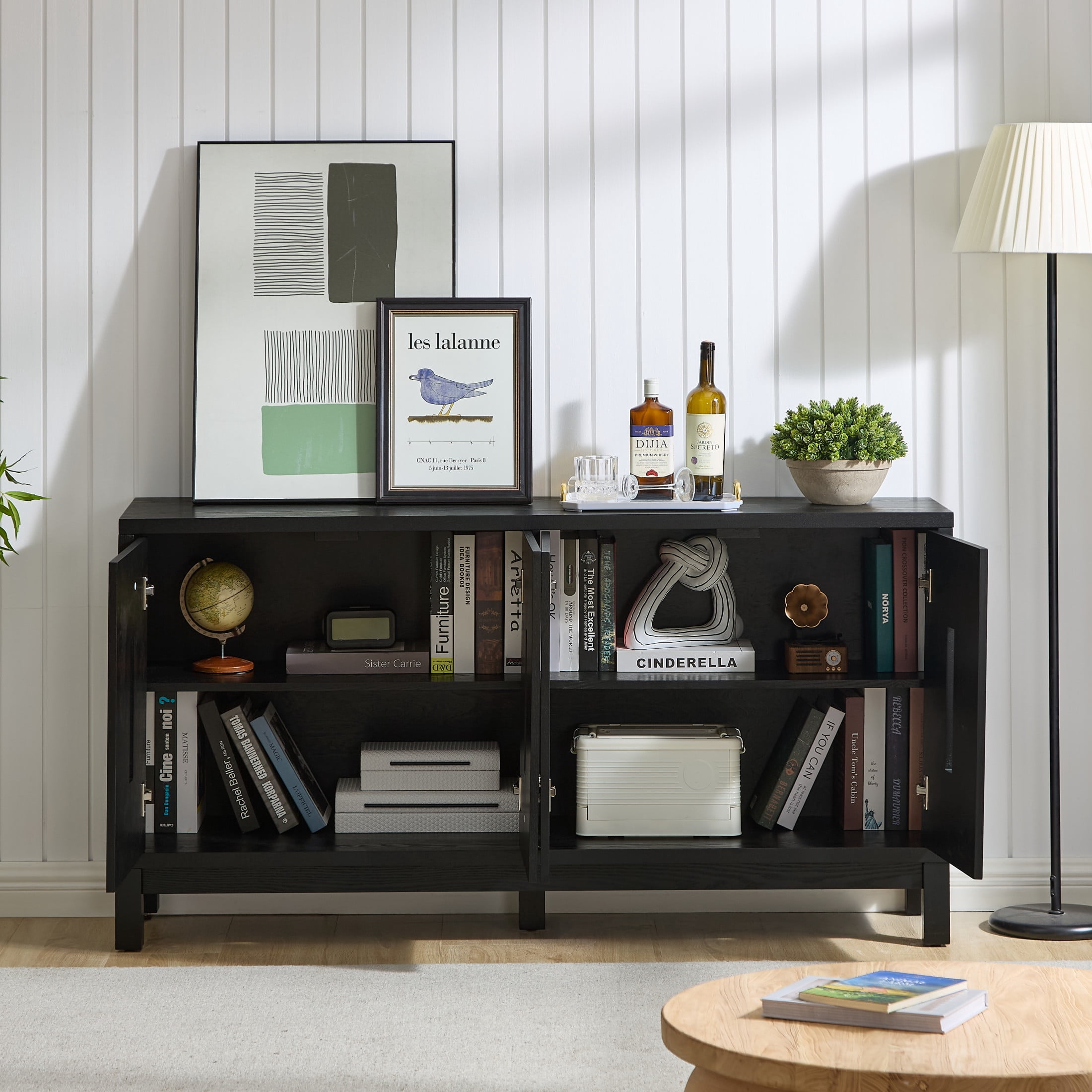 GDF Studio 60.7" Mid Century Modern Sideboard Cabinet with 4 Doors, Adjustable Shelves, Carved Openwork, Black