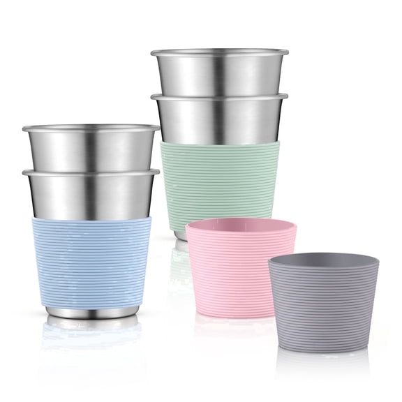 Vesteel 4 Pack Stainless Steel Kid Cups, 8oz Stackable Metal  Drinking Cups with Silicone Sleeves, Unbreakable Coffee Cup Tumblers for Children & Toddlers, Blue/Pink/Green/Grey