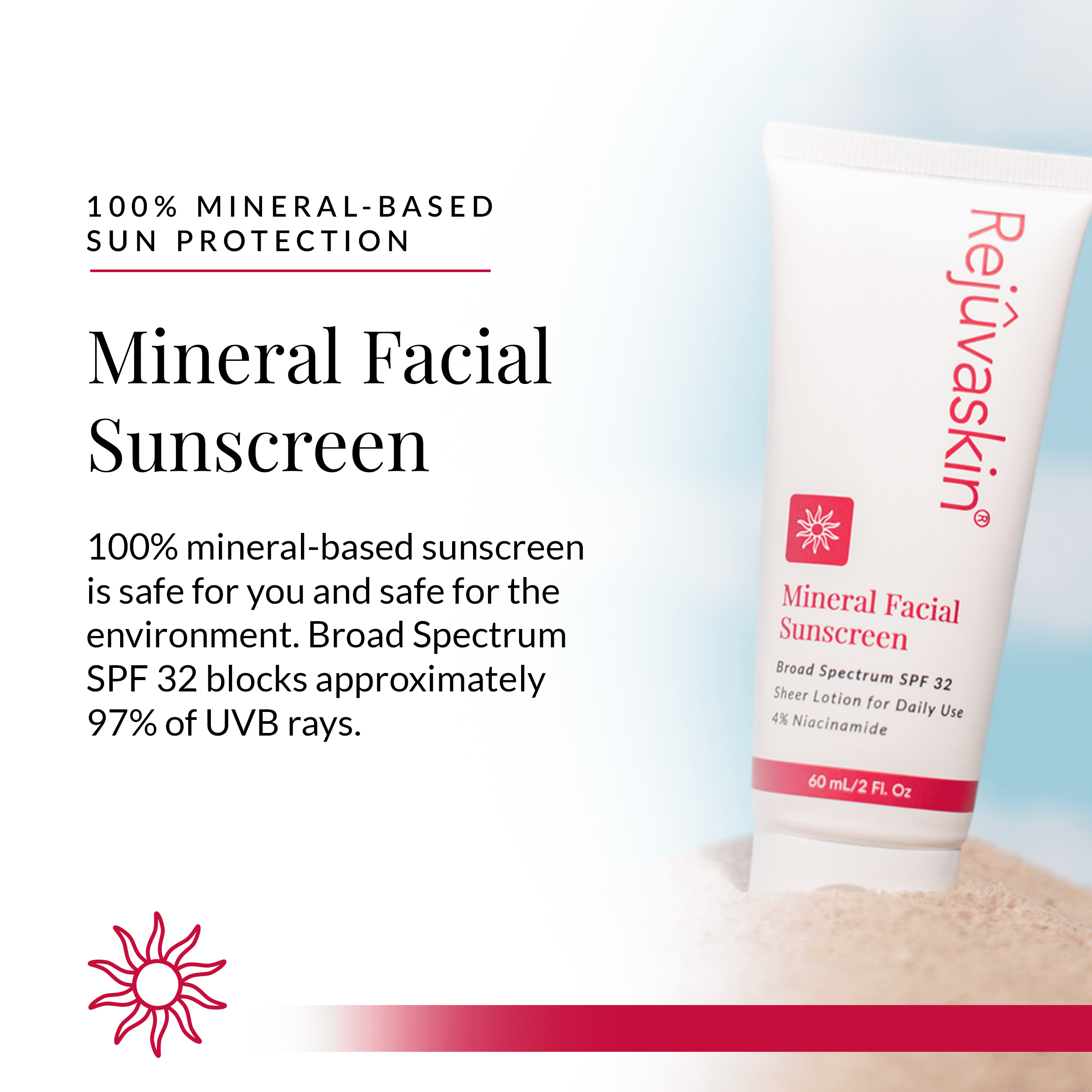 Rejuvaskin Mineral Facial Sunscreen - Face Cream Broad Spectrum Sunscreen for Sensitive Skin and Acne-prone Skin, Oil-free Mineral - Daily Face Lotion for the Face,  Face Moisturizer  with SPF 32