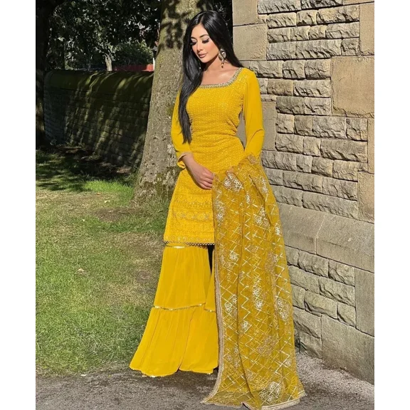 Beautiful Georgette Punjabi Style Sharara Suit For Women Ready Wear Salwar Kameez With Dupatta Yellow size 46