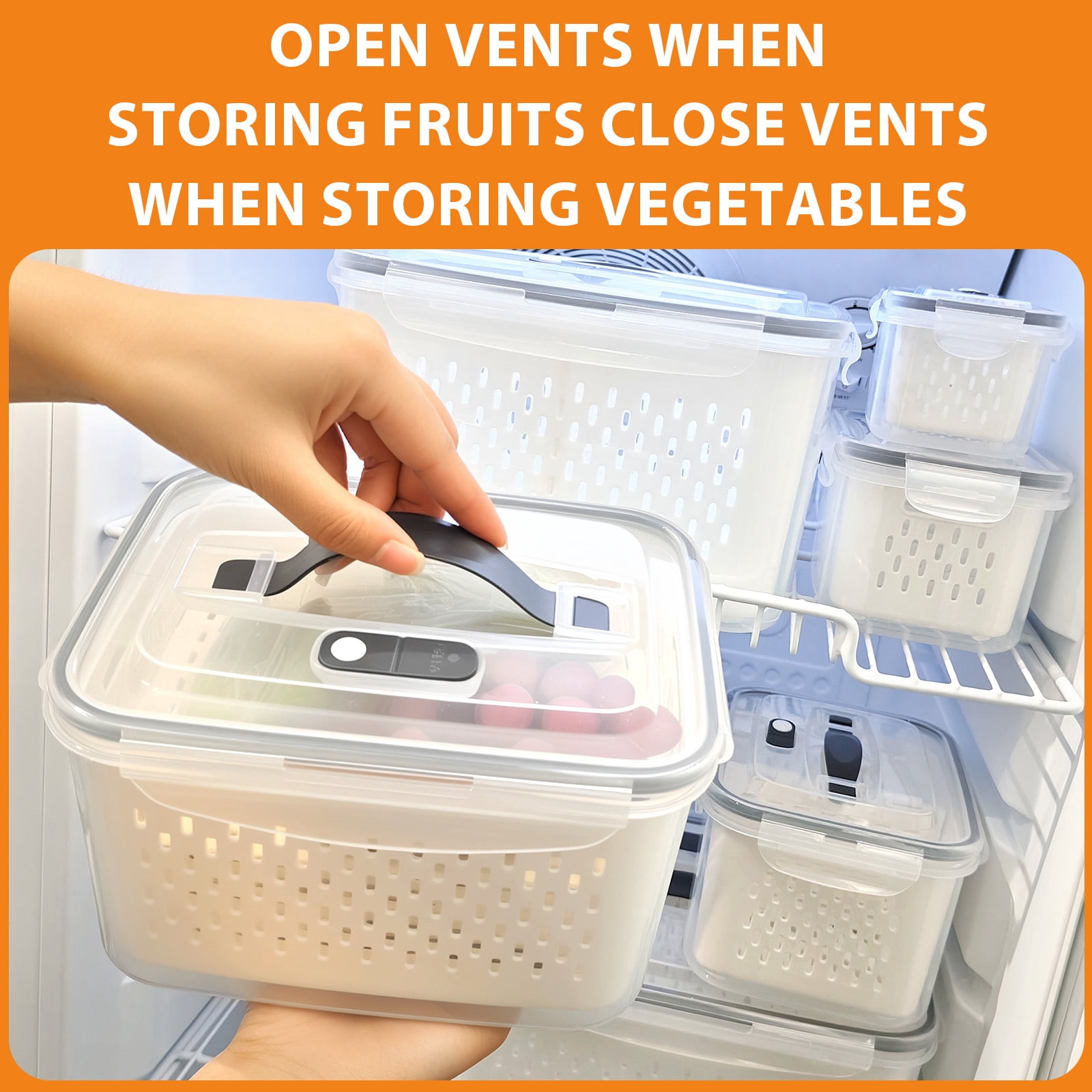 Fenbeli Fruit Vegetable Storage Containers for Fridge, 6 Pack Produce Saver with Lids and Removable Colander, BPA-Free Airtight Fresh Keeper with Adjustable Vent & Divider, Refrigerator Organizer Set