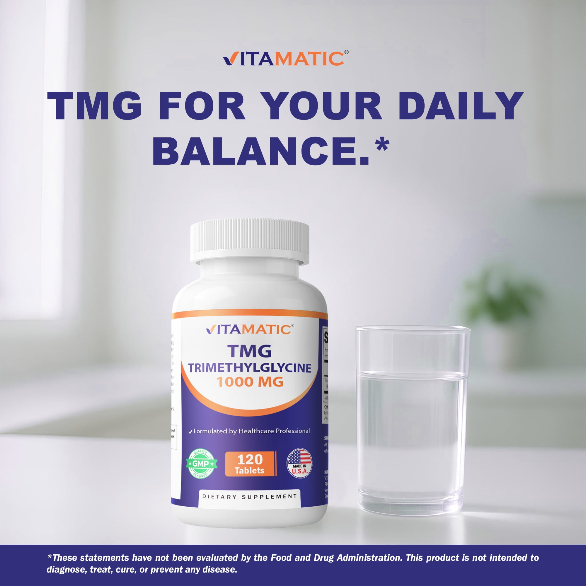 Vitamatic TMG Supplements 1000mg Trimethylglycine Betaine Anhydrous Non-GMO Gluten Free 3 Bottles 120 Tablets
