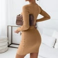 thumbnail image 4 of Stichou Women's Trendy Bodycon Cutout Rib-Knit Long Sleeve Solid Chain Midi Jersey Dress Light Brown 2XL, 4 of 7