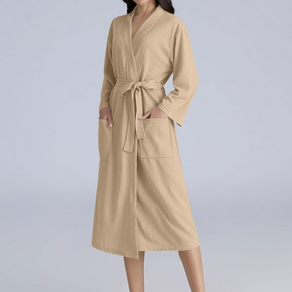Cxenplz Waffle Robes for Women Bathrobe Lightweight Long Length 3/4 Sleeve Knit Bath Robes Female Loungewear with Pockets