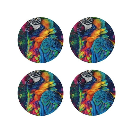 

KLL Drink Coasters Set Round Shape of 4 PU Leather Absorbent Coasters Set Decorative Coffee Cup Coasters Housewarming Gift for Home Decor-Vibrant Rainbow Parrot Fantasy