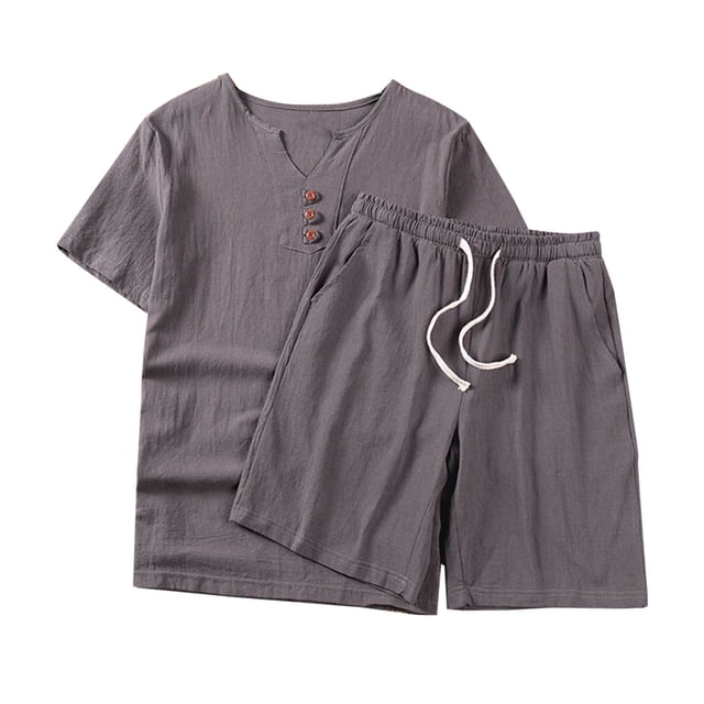 Mens Botón de la Camisa de Algodón-Lino de Color Sólido de Bolsillo con Cordón Pantalones Cortos Conjunto, Manga Corta V-Cuello Blusa para el Verano