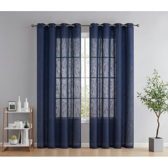 THD Serena Faux Linen Textured Semi Sheer Transparent Window Grommet Long Thick Curtain Panels, Pair