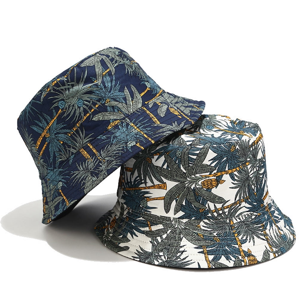 ZUARFY Men Women Summer Reversible Bucket Hat Tropical Palm Tree Leaves  Print Hip Hop Wide Brim Sunscreen Round Flat Top Fisherman Cap