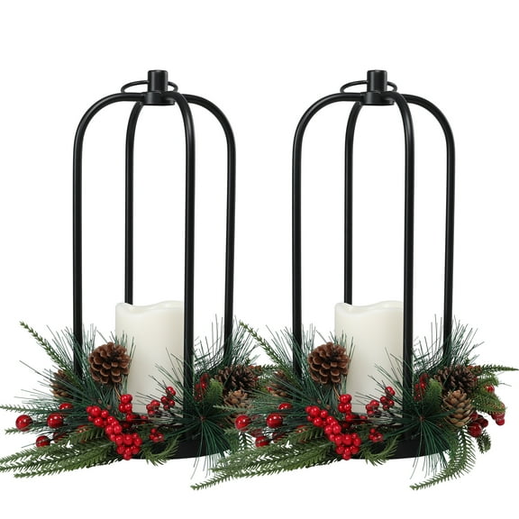 2 Pack Christmas Lanterns with LED Candles, Black Metal Lanterns,Decorative Lantern,Ideal for Indoor/Outdoor Holiday Decor, Tabletop & Mantel Display,Christmas Decor
