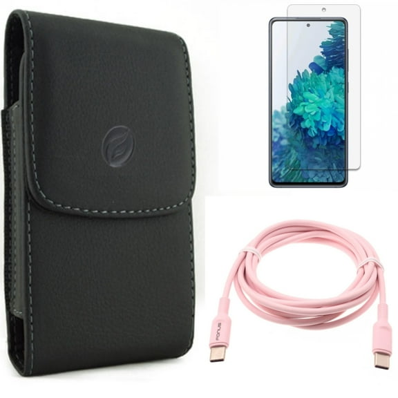 Case Belt Clip & Pink 6ft Long Cable & Screen Protector for Samsung Galaxy S20 Fan Edition - Leather Holster   USB-C to Type-C PD Fast Charger   Anti-Glare Tempered Glass Combo