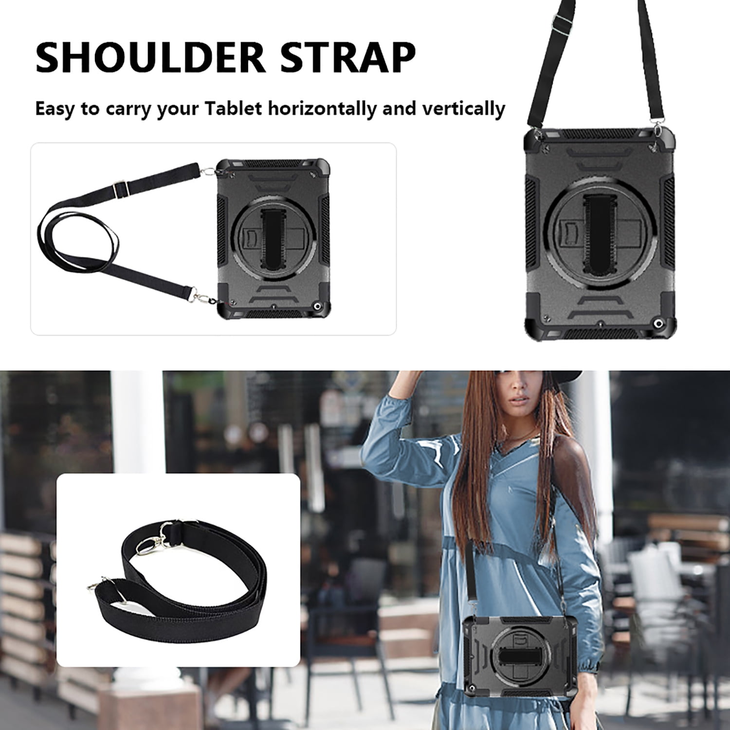 Shockproof Case for Apple iPad 9th/8th/7th Generation, with Pencil Holder Military Grade Protection Rotating Stand Hand Strap Shoulder Strap Bumper Rugged Case for iPad 10.2" 2021/2020/2019, Black