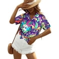 thumbnail image 6 of VILOVE Women Mardi Gras T-Shirt Hawaiian Shirt Street Carnival Themed Masks Graphic Tees Beach Vacation Short Sleeve Button Up Tops, Purple, 6 of 7