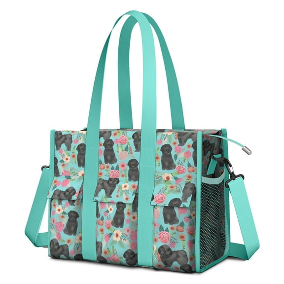Teacher Tote Bag,Bichon Dog Blue Florals Teacher Utility Tote Bag,Large Work Tote Bags for Women with Multiple Pockets,Top Zipper Closure,13.8x10.6x6.7 Inch