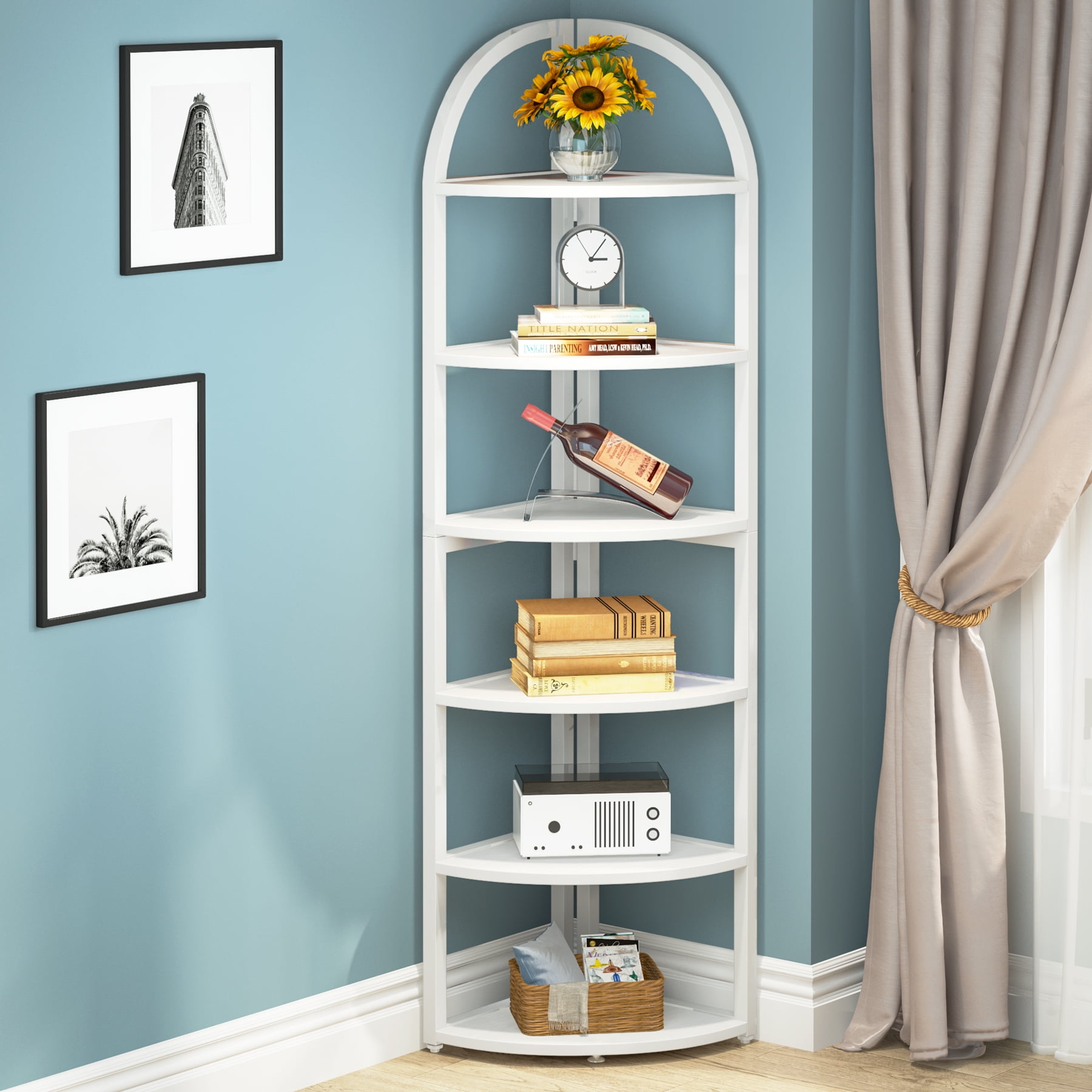 6 Tier Corner Shelf, 71 inch Tall Corner Bookshelf for Small Space