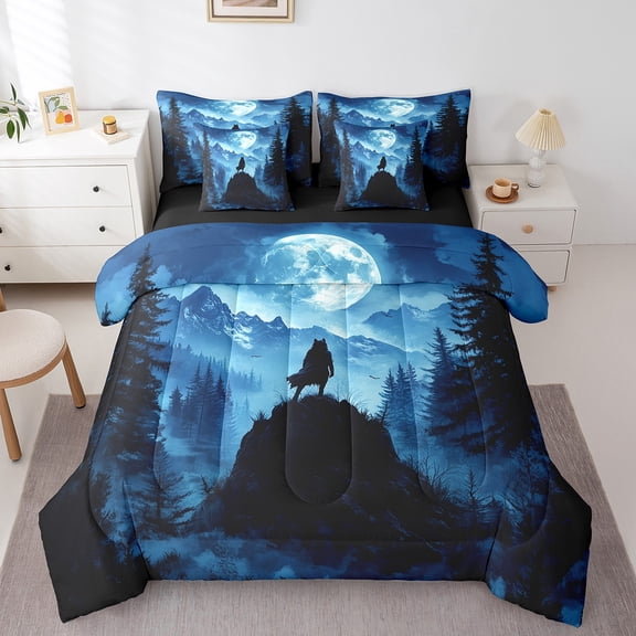 Erosebridal Jungle Wolf Bed in a Bag, Mystic Galaxy Bed Set, Wildlife Reversible Comforter Sets, Microfiber Room Decor, 7 Pieces