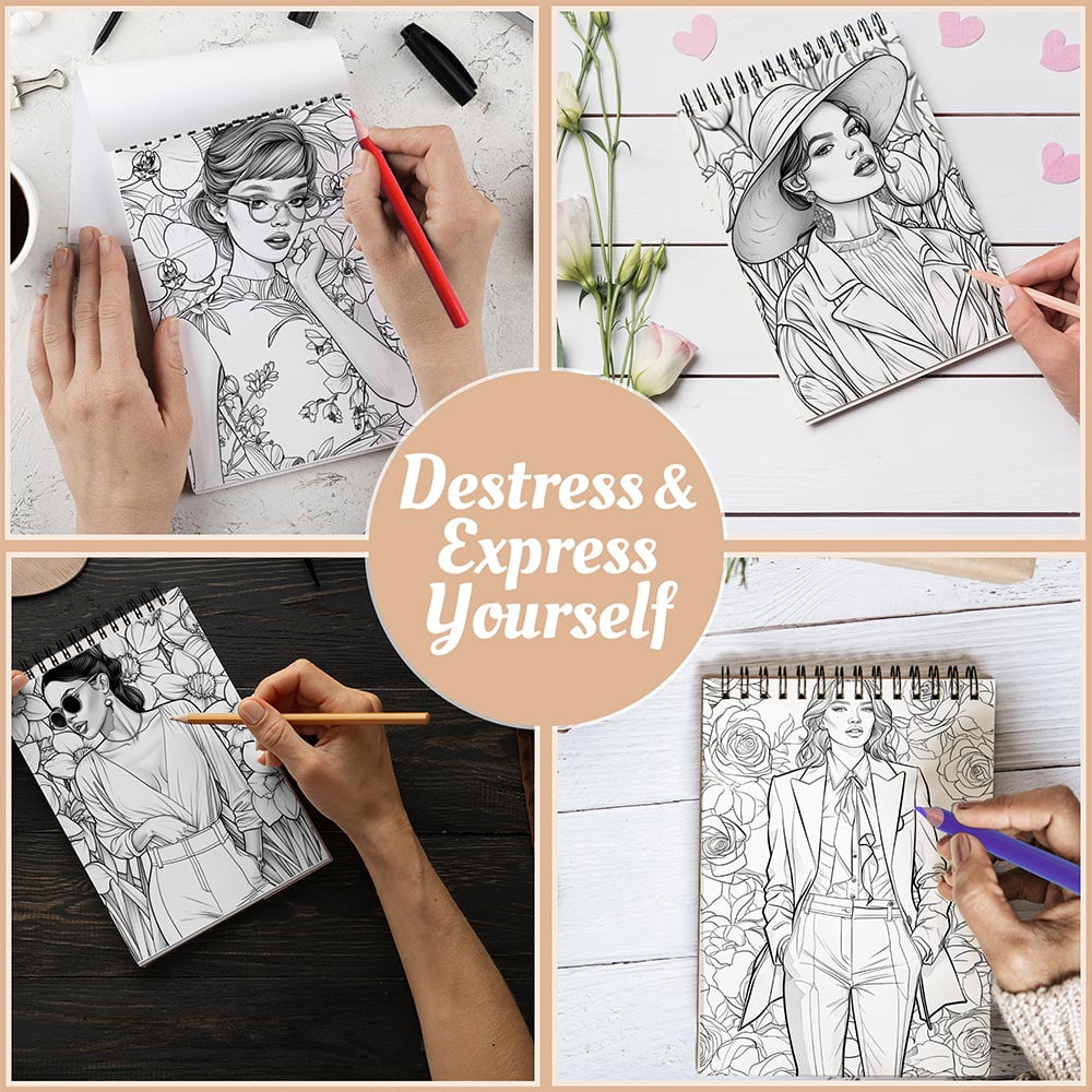 Netecom Modern Fashion Illustration Coloring Book Spiral Bound For Adults, A5 Wooden Cover, 30 Charming Coloring Pages for Relaxation and Stress Relief