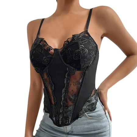 

wendunide crop tops for women Punk Goth Floral Lace Bustier Corset Party Bralet Crop Top Black