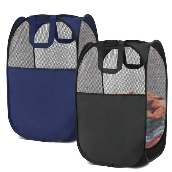 BENJUNC 2 Cestos para la Ropa, Cestos para la Ropa Pop-up, Cestos para la Ropa de Malla Plegables (Cada uno con 2 Asas Reforzadas), Negro + Azul…