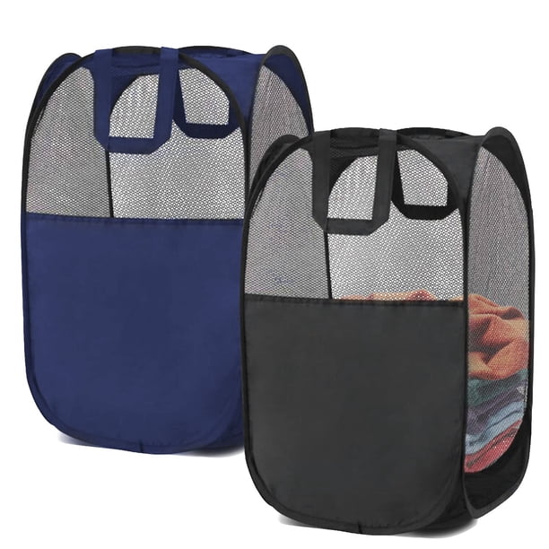 BENJUNC 2 Cestos para la Ropa, Cestos para la Ropa Pop-up, Cestos para la Ropa de Malla Plegables (Cada uno con 2 Asas Reforzadas), Negro + Azul…
