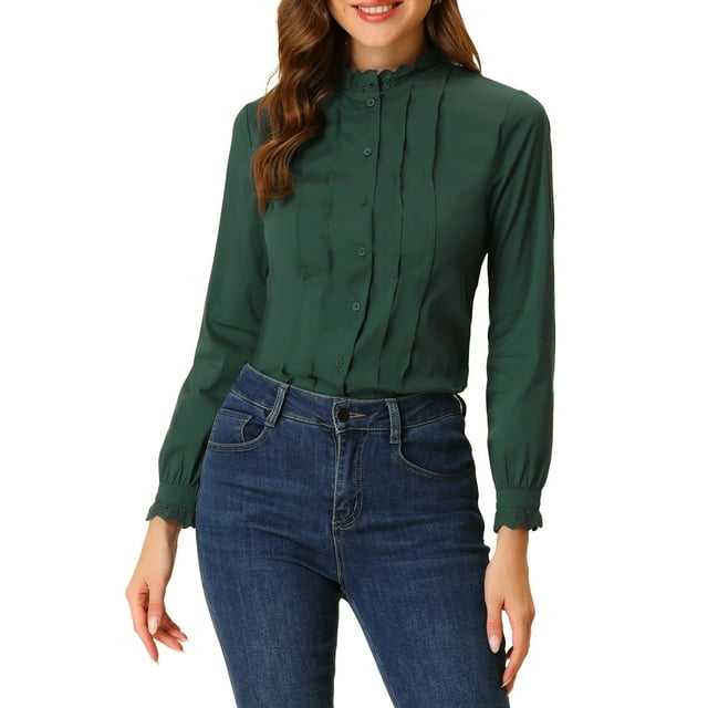 INSPIRE CHIC Women's Lace Mock Neck Long Sleeve Cotton Button-Down Shirt S Green