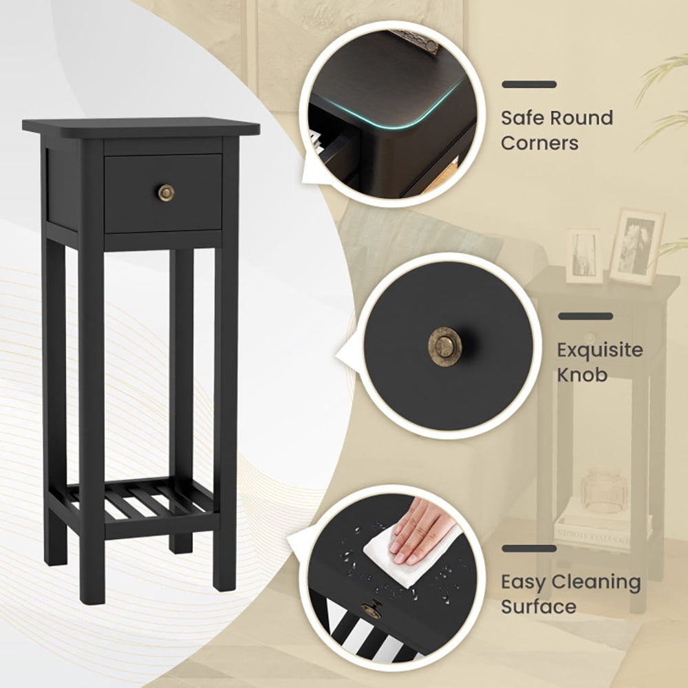 Finihen End Table, Nightstand, 2 Tier Slim Nightstand Bedside Table with Drawer Shelf, Sofa Side Table, Bed Side Table, for Living Room, Bedroom, Black Finihen End Table, Nightstand, 2 Tier Slim Nightstand Bedside Table with Drawer Shelf, Sofa Side Table, Bed Side Table, for Living Room, Bedroom, Black