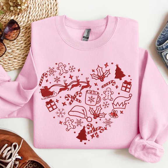 Christmas Heart Icons Embroidered Sweatshirt, Winter Festival Embroidered Shirt, Merry Christmas Hoodie, Xmas Heart Shirt