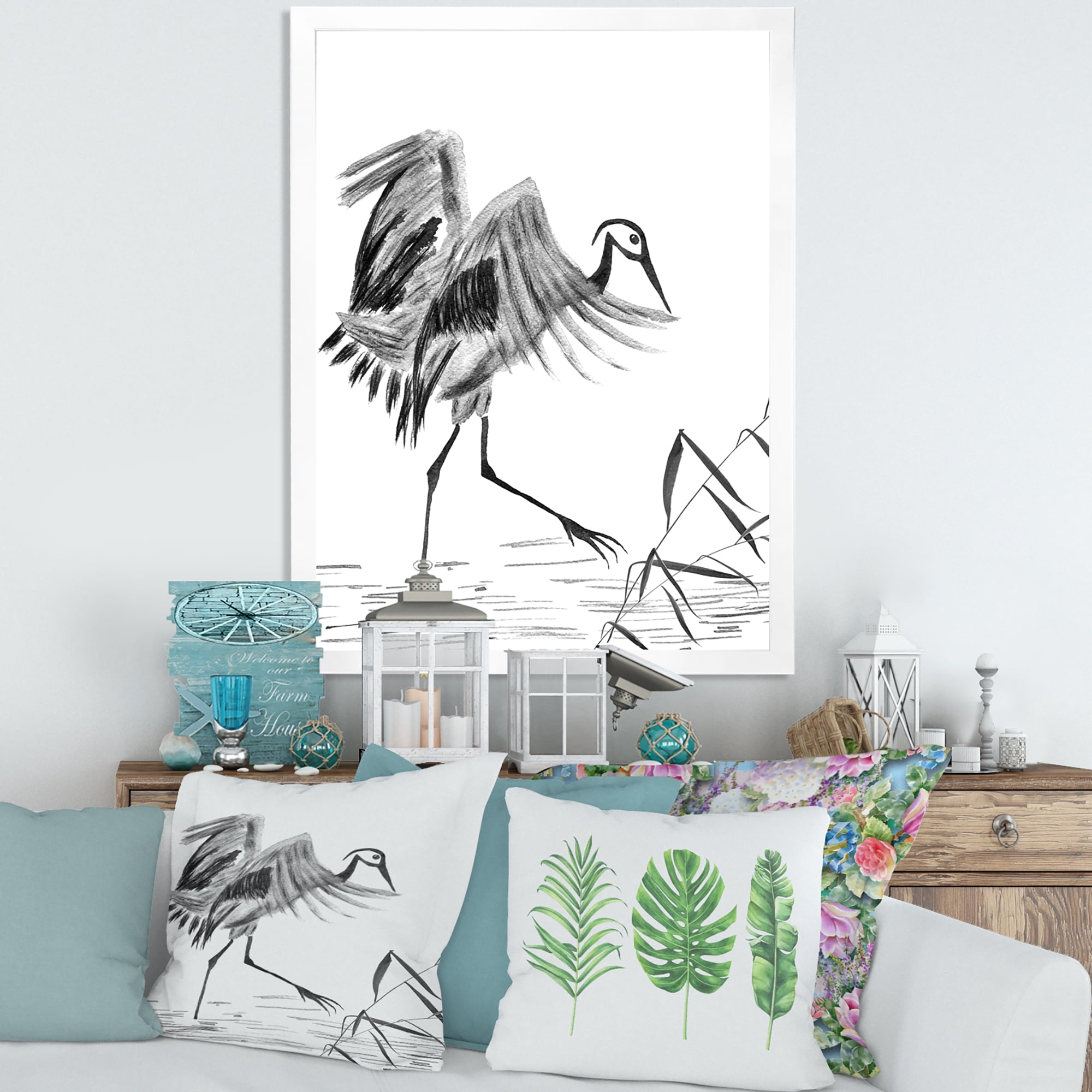 Designart 'Monochrome Japanese Oriental Crane Bird' Traditional Framed Art Print