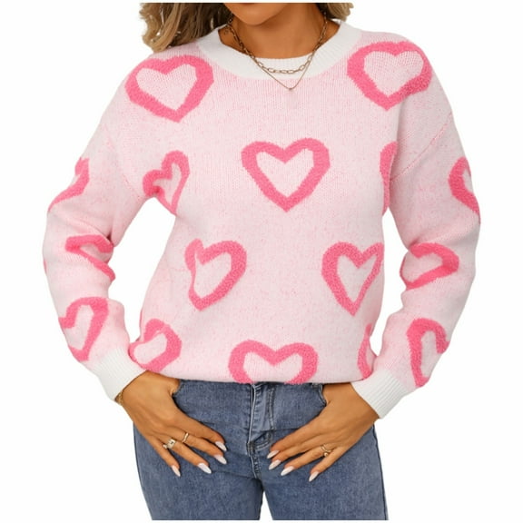MELDVDIB Womens Sweater Knited Heart Pattern Fall Winter Long Sleeve Loose Sweater Warm Crewneck Color Block Pullover Tops