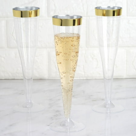 BalsaCircle 12 pcs 6 oz Clear with Gold Rim Plastic Glasses - Disposable Wedding Party Catering Tableware