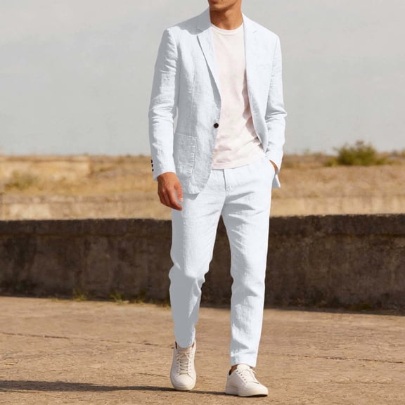 Maqroz Mens 2 Piece Suit Set Classic Blazer Suits Notched Collar Button Down Jacket & Pants Solid Dressy Formal Outfits Long Sleeved Lightweight Sets with Pockets