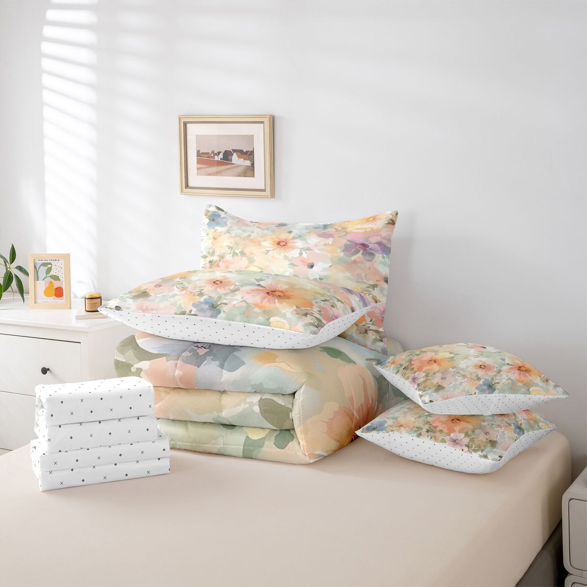 Homewish Spring Flower 7-Piece Twin Bedding Sets,Oil Painting Aesthetic Bedding Comforter Set,Beige Pink Sheet Sets For Girl Kids,Breathable Home Decor Reversible