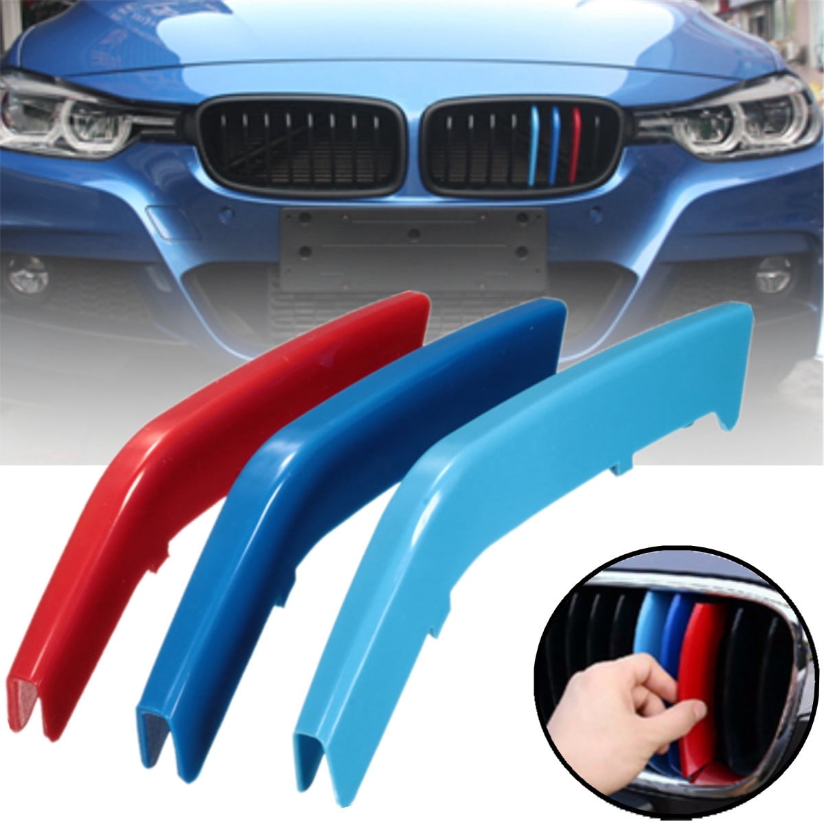 3Pcs Blue M-Color Front Grille Grill Cover Insert Trim For BMW 3 Series 2013-17