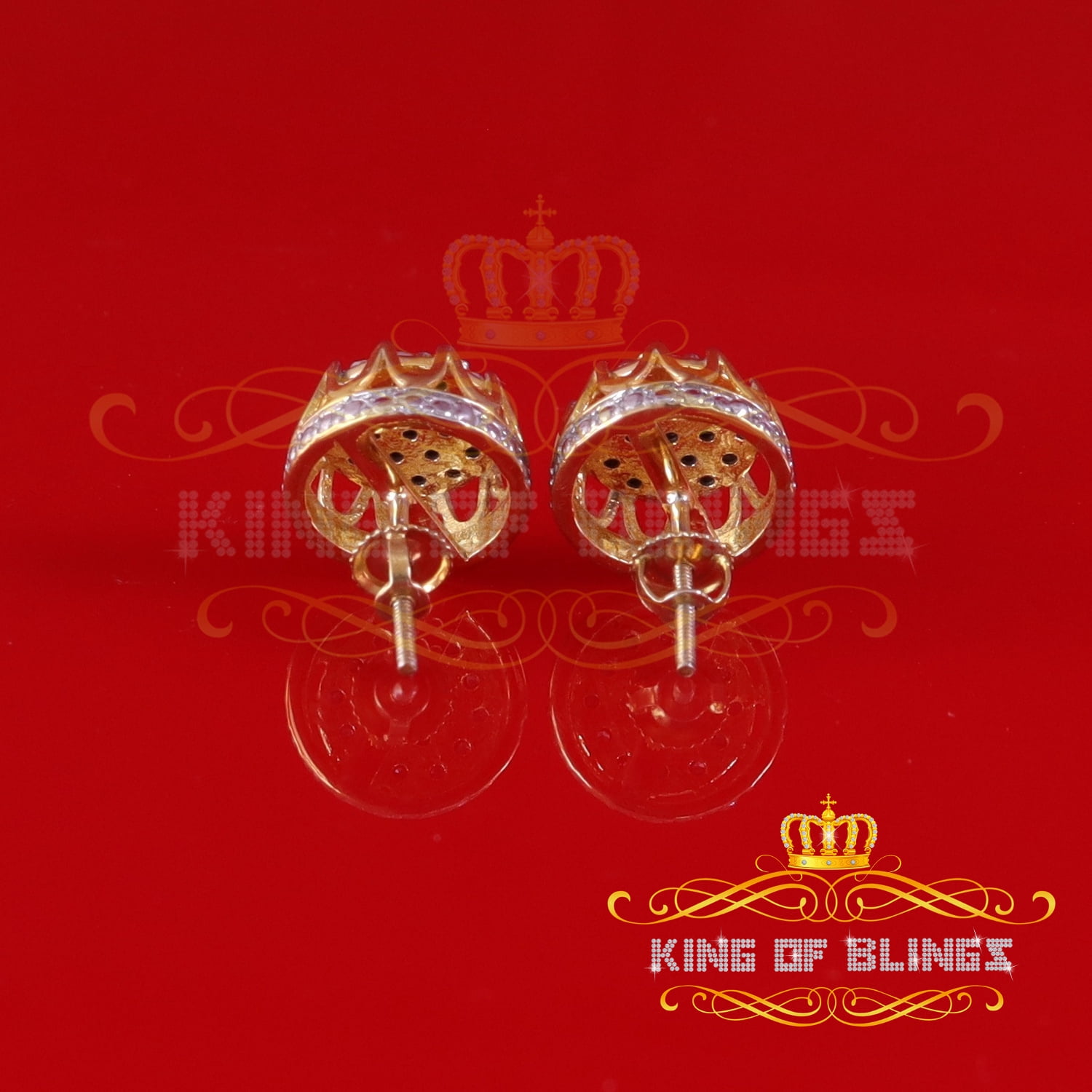 King of Bling's 0.08ct Diamond 925 Sterling Yellow Silver for Men's & Womens Stud Crown Earrings