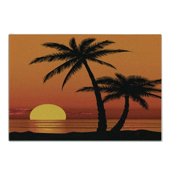 Palm Cutting Board, Summer Holiday Themed Orange Tones Ombre Effect Sunset Sky with Tree Silhouettes, Decorative Tempered Glass Cutting and Serving Board, in 3 Sizes, by Ambesonne
