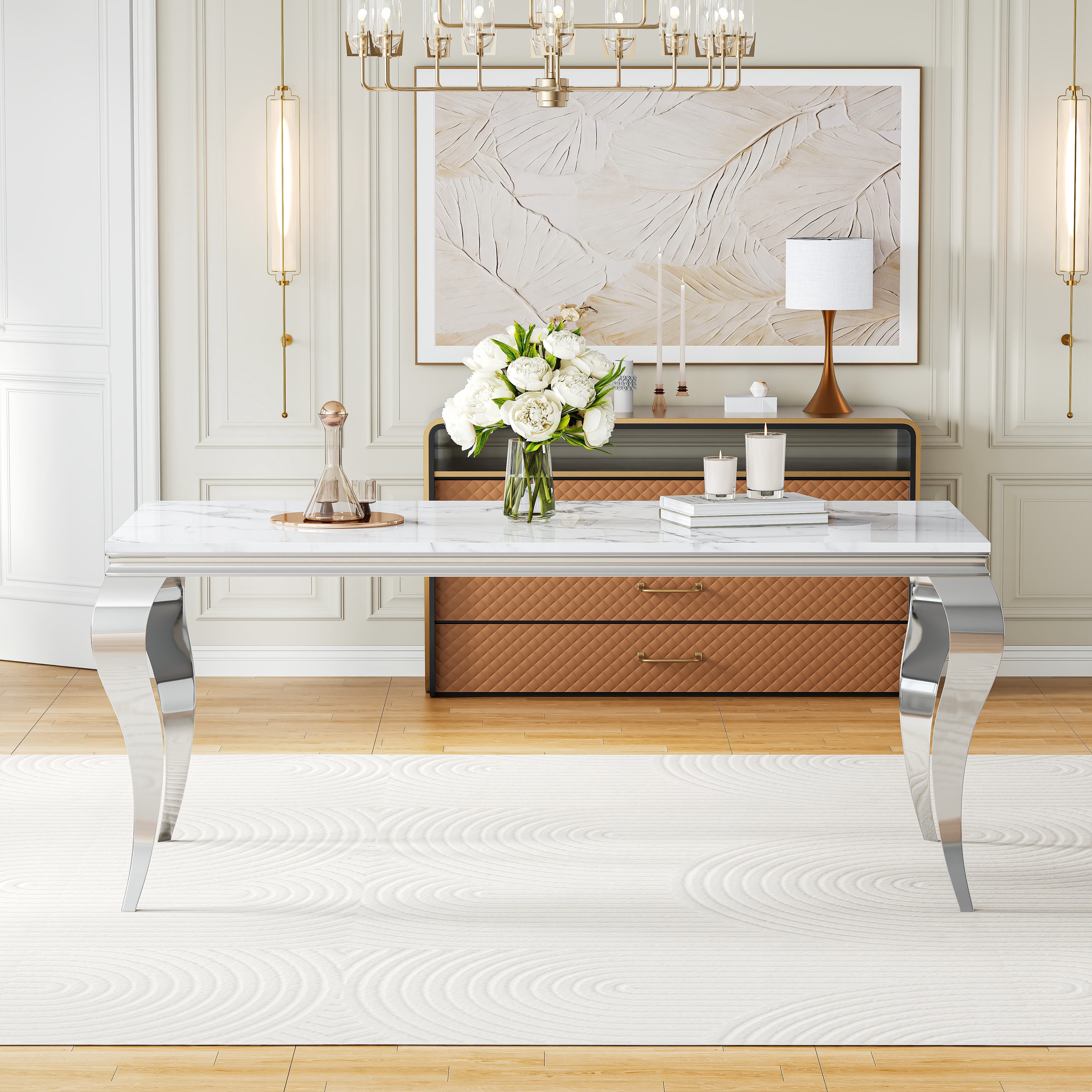 Modern Marble Dining Table, 70" Faux Marble Top and Polished Stainless Steel S-Shaped Legs, for Apartment, Living Room, Kitchen