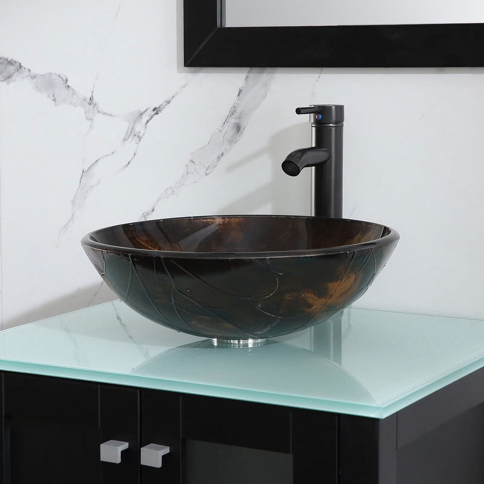 Walsport 24" Luxurious Wood Bathroom Vanity Cabinet Golden Brown Round Vessel Sink Vanity Cabinet Tempered Glass Top w/ Mirror,Black