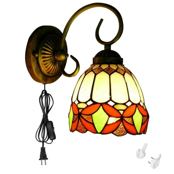 Kiven Plug in Wall Lamp, Tiffany Style Plug in Wall Sconce with Glass Lampshade, 5.9ft Plug-in Cord, E26 Socket