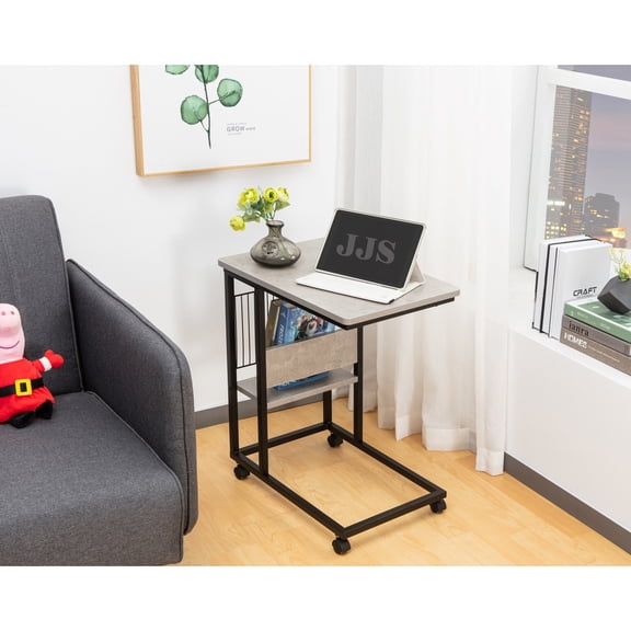 JJS Side End C Table with Magazine Holder for Sofa Couch Table Snack Table Cement/Black