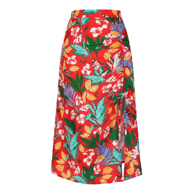 Fala medpierfloral tropical con abertuen parte delantefruncide verano pamujer rojo S