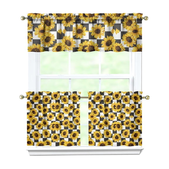 Kitchen Curtains 24 Inch Short - 3 Panel Set, Boho Sunflower Butterfly Floral Print, Rod Pocket Window Curtain for Rustic Farmhouse, Country Vintage Summer Decor, Easy Wash