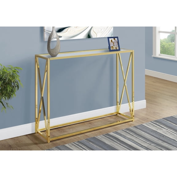 Accent Table, Console, Entryway, Narrow, Sofa, Living Room, Bedroom, Contemporary, Modern - Metal Gold - Spacious Clear Tempered Glass Top - Entryway, Sofa, Living Room, Bedroom - Modern Decor