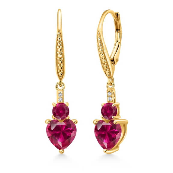 Gem Stone King 18K Yellow Gold Plated Silver Red Created Ruby and White Lab Grown Diamond Drop Dangle Earrings for Women (3.33 Cttw, Heart Shape 7MM, Round 4MM)