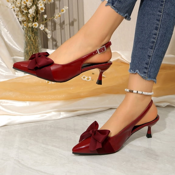 WAVSUF Womens Slingback Kitten Heel Pumps, Pointed Toe Soft Sole Cute Bow Casual Summer Working Shoes Wine 8.5