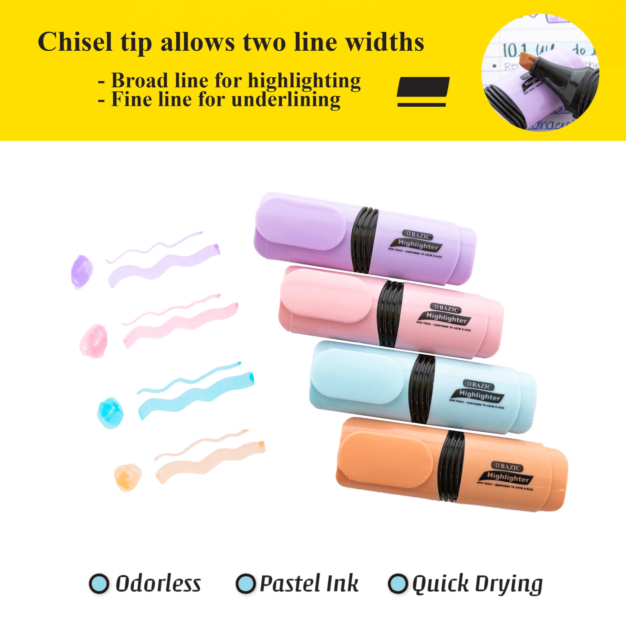 BAZIC Mini Pastel Highlighters w/ Pocket Clip, Chisel Tip, 4 Count Unscented, Assorted, 24-Pack