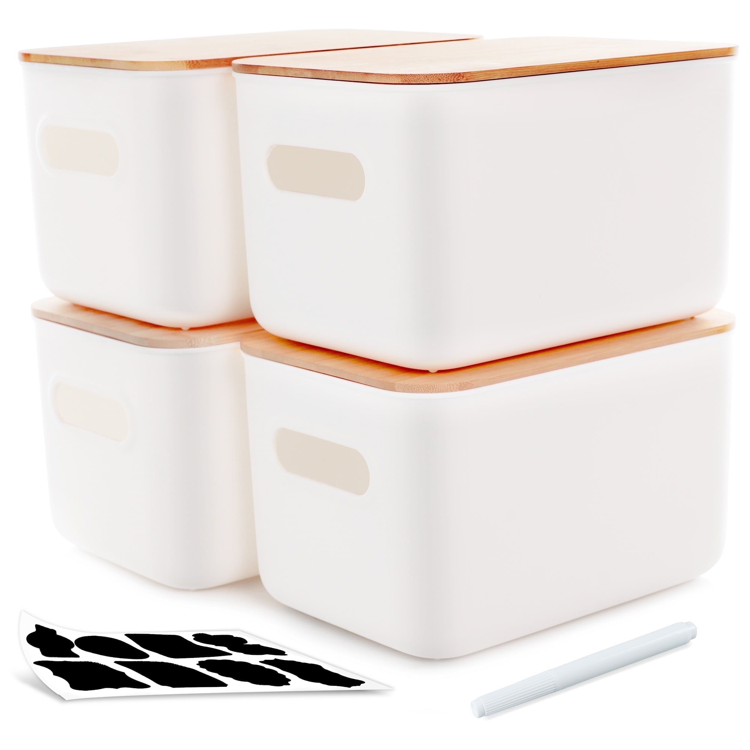Stackable Storage Bin with Bamboo Lids 4 Packs White 10" x 7" x 6"