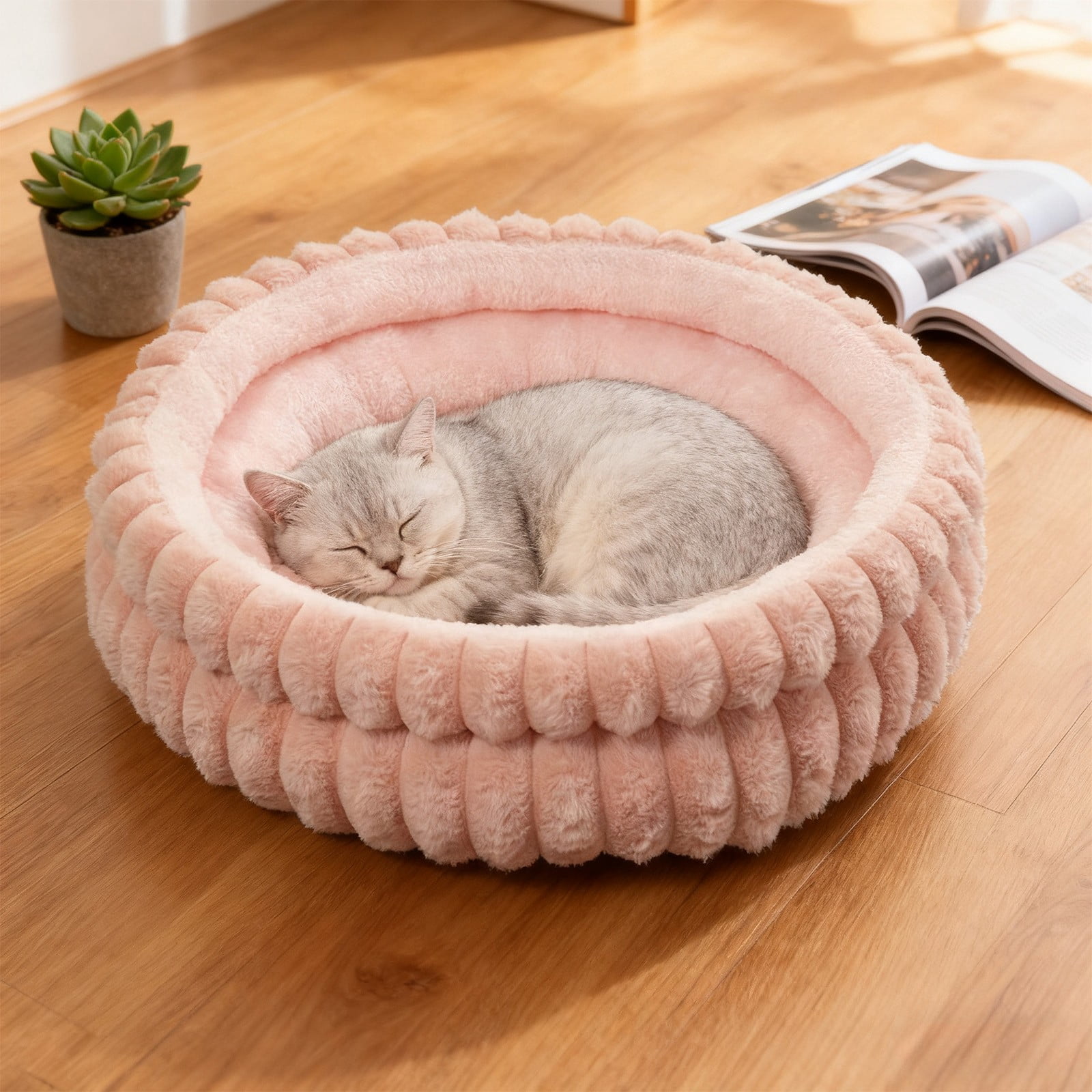 Dvumao Round Plush Pet Bed – 15.7-Inch Fleece Cat & Small Cat Nest