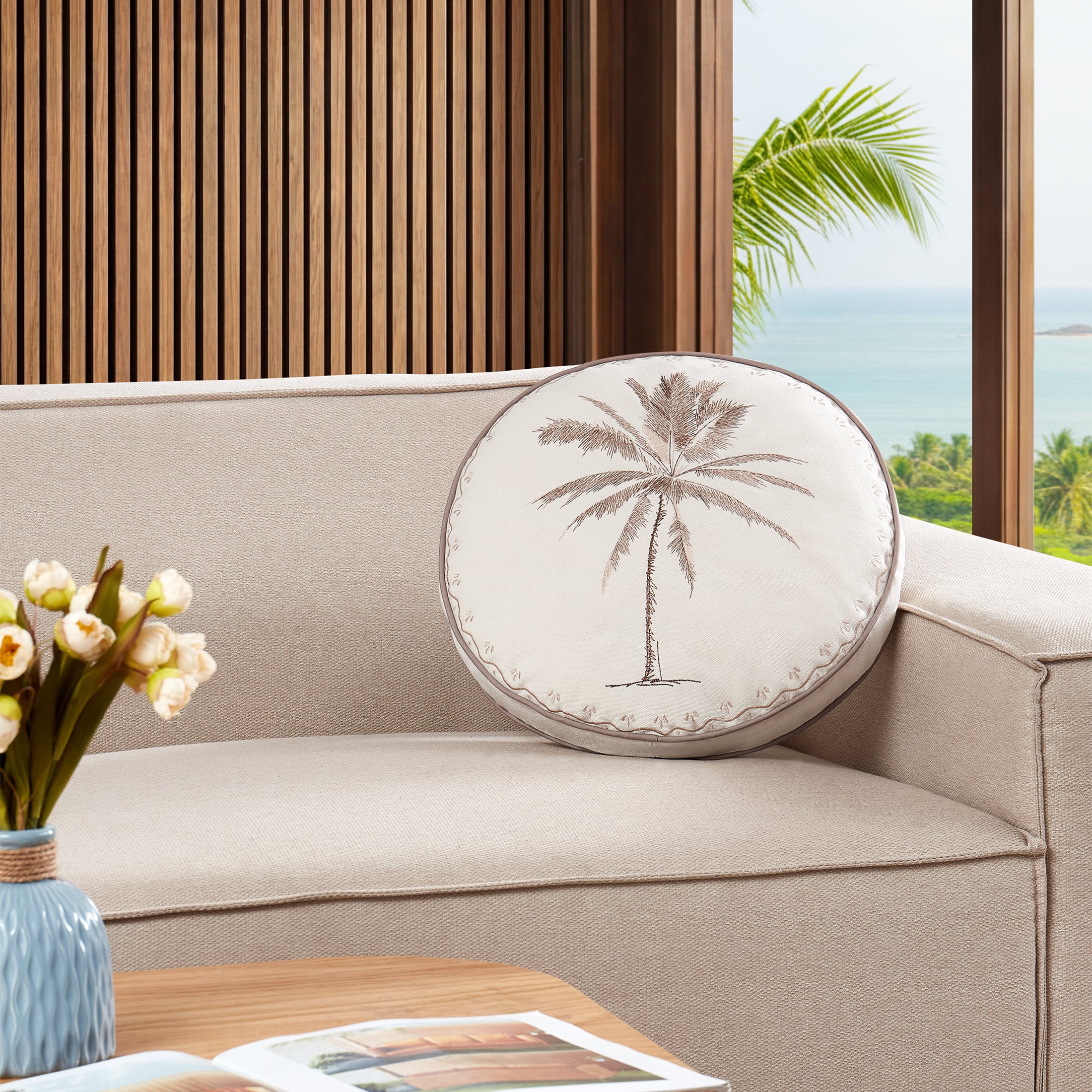 Coastal Living 16" Round White Palm Tree 50% Cotton/50% Polyester Decorative Throw Pillow for Couch or Bed